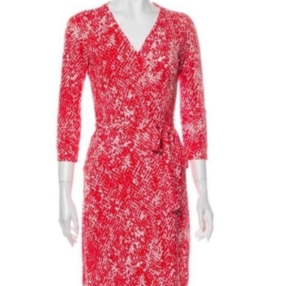 Diane Von Furstenberg Red Textured Long Sleeve Dress